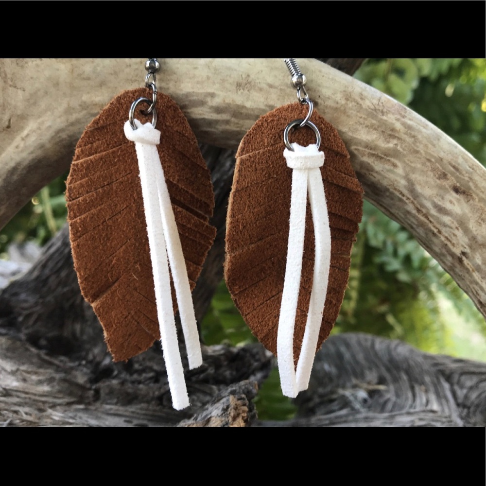 BoHo style brown suede leather feather earrings
